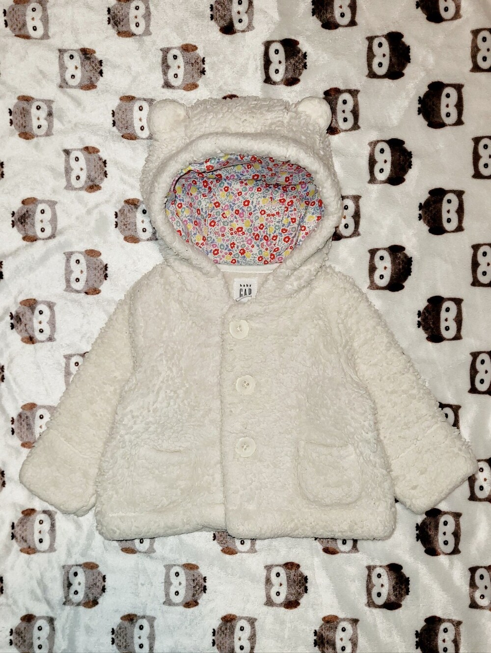 $1 | 0-3m | Bear‑Ear Button‑Down Sherpa Hoodie